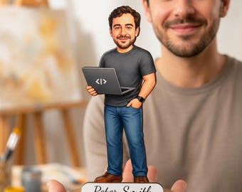 Personalized Programmer Figurine from Photo, Custom Wooden Software Developer Caricature Gift