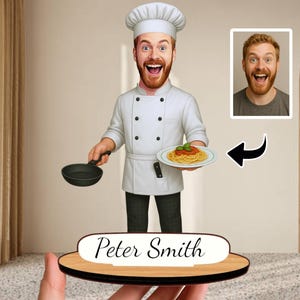 Chef Gift - Personalized Wooden Chef Caricature Figurine, Custom Cooking Portrait Keepsake, Kitchen Decor