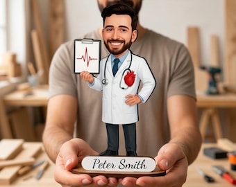 Personalized Cardiologist Figurine from Photo, Custom Wooden Heart Doctor Caricature Gift