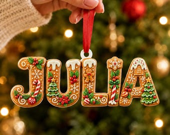 Personalized Wooden Gingerbread Name Ornament, Custom Christmas Tree Decoration