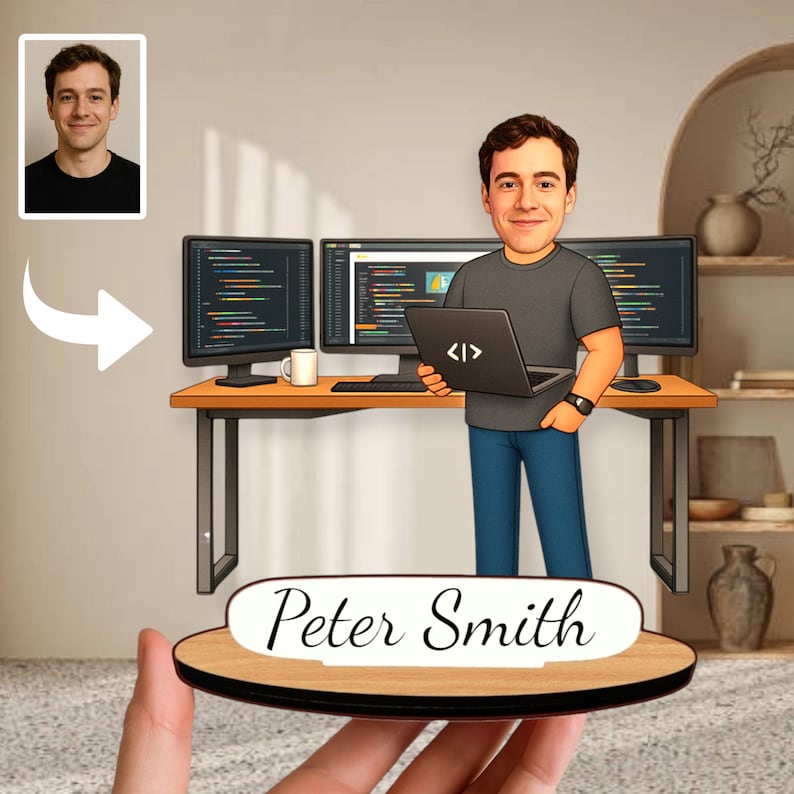 May include: A custom illustration of a software developer standing at a desk with three computer monitors, holding a laptop with a code symbol. The character wears a gray t-shirt and blue jeans. A wooden base displays the name Peter Smith.