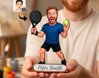 Personalized Padel Player Wooden Figurine from Photo, Custom Padel Caricature