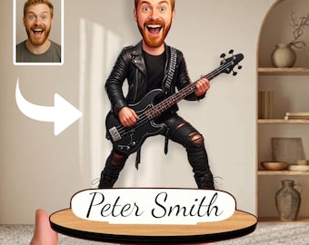 Regalo personalizzato per bassista: statuetta in legno con caricatura personalizzata, decorazione per bassista