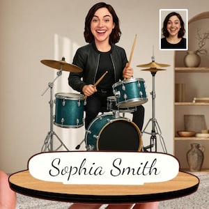 Female Drummer Gift – Personalized Wooden Caricature Figurine | Custom Drum Kit Decor | Unique Birthday, Christmas or Thank-You Present
