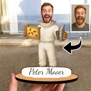 Personlig biodlarepresent: Anpassad träkarikatyrfigur, honungsbi-biträdesporträtt, biodlaredekor