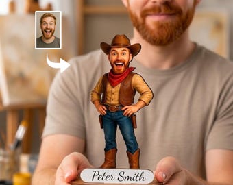 Personalized Cowboy Figurine from Photo, Custom Wooden Western Caricature Gift