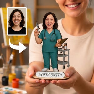May include: A custom caricature figurine of a healthcare professional wearing teal scrubs, a stethoscope, and holding a medical tool and clipboard. Beside the figure is a small medical cart with bottles. The base features the name SOFIA SMITH.