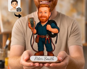 Personalized Electrician Figurine from Photo, Custom Wooden Electrician Caricature Gift