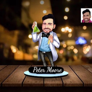 Personalisierte hölzerne Cartooned Chemist Figur Schmuckstück, Benutzerdefinierte Wissenschaft Porträt, Benutzerdefinierte Chemiker Geschenk, Chemiker Ornament, Wissenschaft Andenken.