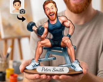 Personalized Gym Lover Figurine from Photo, Custom Wooden Fitness Caricature Gift