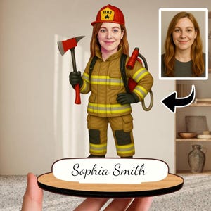 Female Firefighter Gift – Personalized Wooden Caricature Figurine | Custom Fire Station Decor | Graduation, Birthday or Thank-You Present