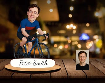Personalized Cyclist Gift: Custom Wooden Caricature Figurine, Bike Lover Portrait Keepsake, Office Desk Decor