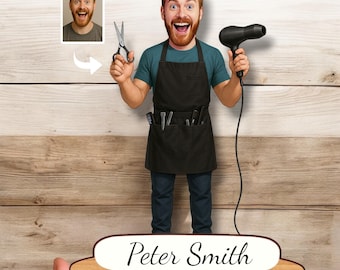 May include: A cartoon barber holding scissors and a hairdryer. The barber is wearing a black apron with tools and a teal shirt. The base reads "Peter Smith". A small photo of the barber is in the upper left corner.