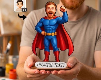 Personalized Superhero Wooden Figurine from Photo, Custom Hero Gift