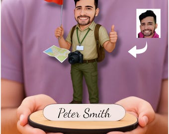 Personalized Tour Guide Wooden Figurine from Photo, Custom Travel Guide Caricature