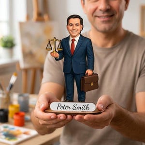 Può includere: Una statuetta bobblehead personalizzata di un avvocato che indossa un abito blu navy, camicia bianca e cravatta rossa. La figura tiene in mano una bilancia della giustizia dorata e una valigetta marrone, poggiata su una base con scritto Peter Smith.