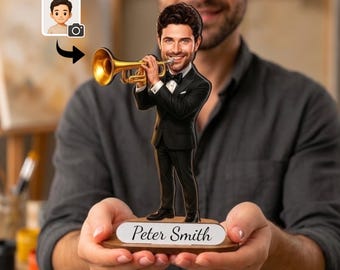 Personalized Trumpeter Figurine from Photo, Custom Wooden Trumpet Player Caricature Gift