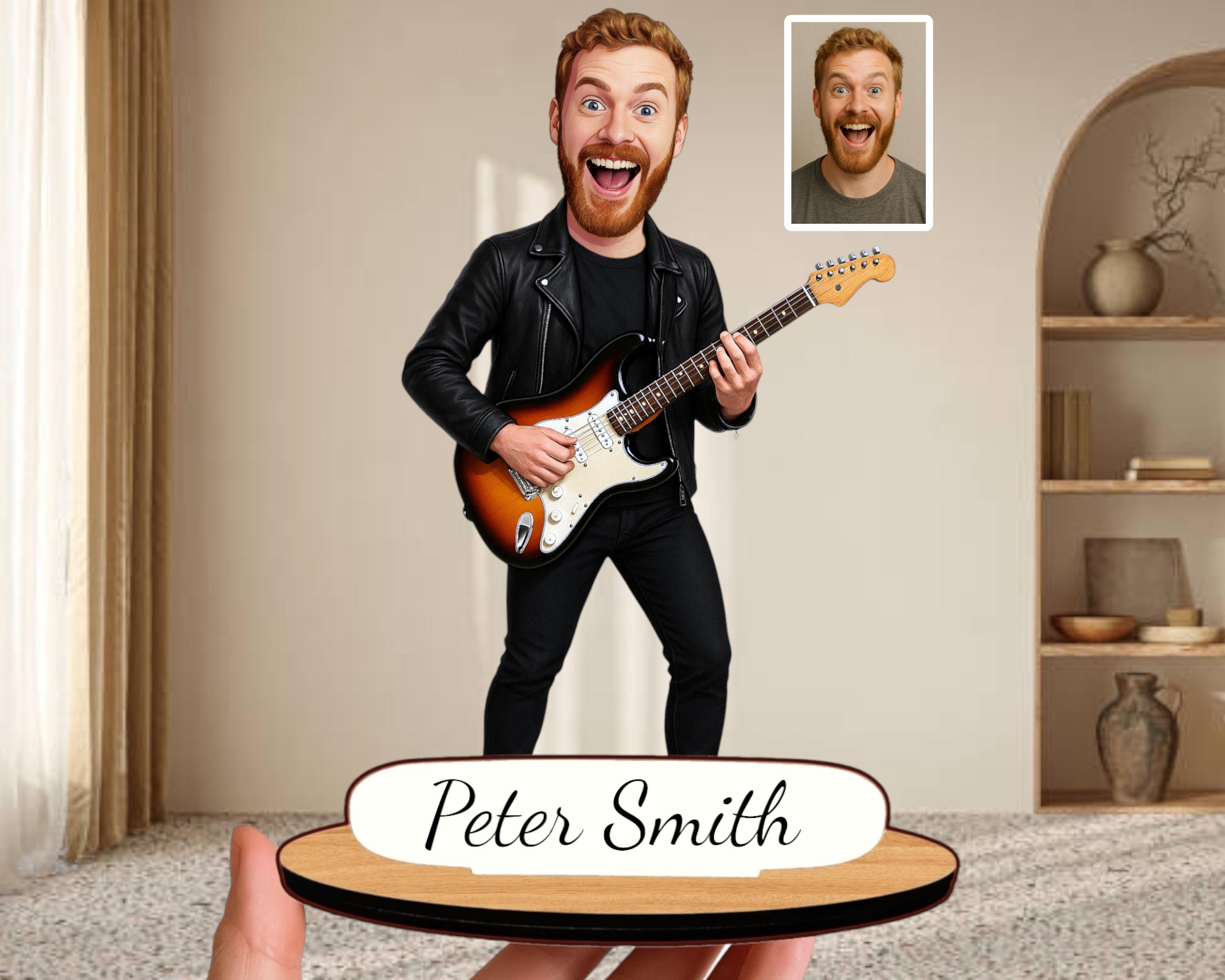 Personalized Guitarist Caricature: Custom Wooden Figurine, Music Gift