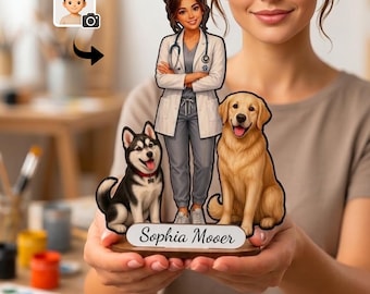 Personalized Veterinarian Figurine from Photo, Custom Wooden Vet Caricature Gift