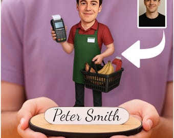 Personalized Supermarket Cashier Gift: Custom Wooden Caricature, Grocery Store Decor, Worker Keepsake
