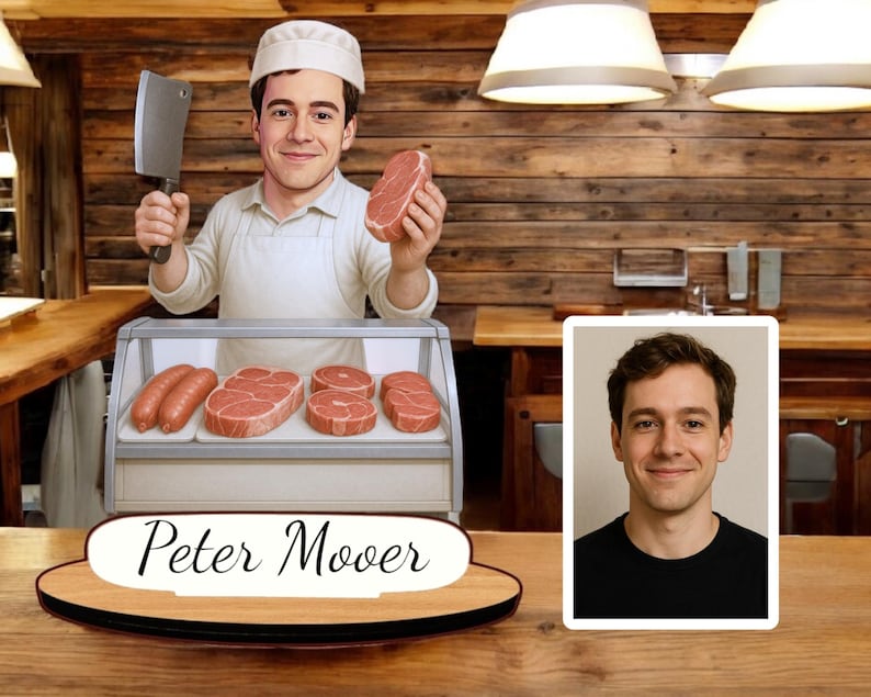 May include: A butcher in a white apron and hat holds a cleaver and a cut of meat. A display case shows sausages and steaks. The sign reads "Peter Mover". A portrait of a man in a black shirt is in the background.