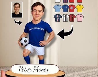 Personalized Soccer Player Gift: Custom Wooden Caricature Figurine, Football Athlete Portrait Keepsake