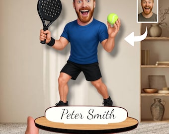 Caricatura in legno personalizzata di un giocatore di padel: ricordo personalizzato dell'atleta