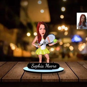 Personalized Wooden Cartoon Tennis Player Figurine, Custom Tennis Portrait, Sports Gift, Tennis Lover Gift, Custom Tennis Gift.