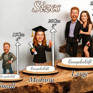 May include: A display of personalized caricature figurines in three sizes: small (6 inches), medium (8 inches), and large (10 inches). Each figurine stands on a wooden base with the "GuayabaGift" logo. The figurines depict people in various outfits.