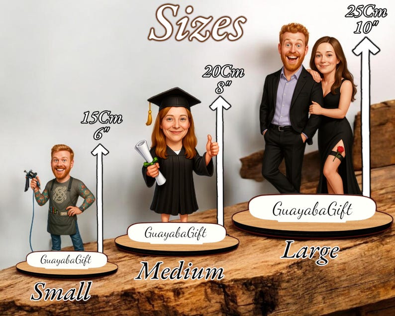May include: A display of personalized caricature figurines in three sizes: small (6 inches), medium (8 inches), and large (10 inches). Each figurine stands on a wooden base with the "GuayabaGift" logo. The figurines depict people in various outfits.