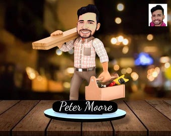Estatueta de carpinteiro de madeira personalizada, retrato de artesão de desenho animado personalizado, presente de marceneiro feito à mão, presente de carpinteiro personalizado.