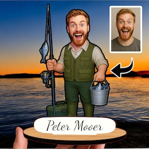 Fisherman Gift – Personalized Wooden Caricature Figurine, Custom Fishing Portrait Keepsake, Cabin Decor
