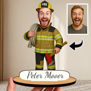 Personalized Firefighter Wooden Caricature: Custom Fire Station Decor
