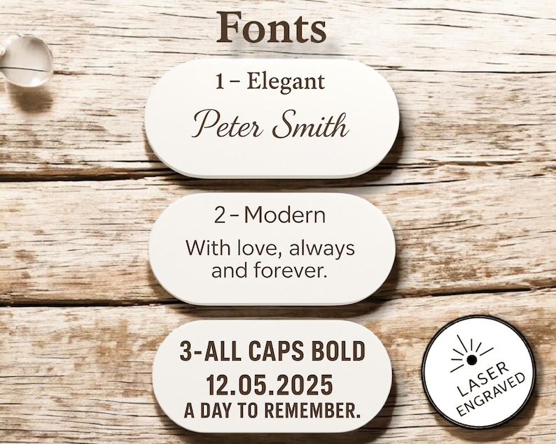 May include: Image showcasing three font styles: Elegant, Modern, and All Caps Bold. Each style is displayed on a white, rounded rectangle with example text. The image also includes the text "Fonts" and a "Laser Engraved" logo.