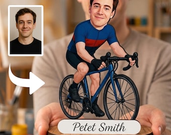 Personalisierte Radfahrerfigur nach Foto, individuelle Holzfigur eines Fahrradfahrers als Geschenk