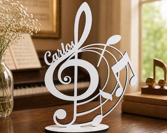 Personalized Treble Clef Sculpture, Custom Name Music Decor, Wooden Music Note Gift for Musician