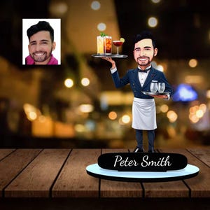 Statuetta personalizzata raffigurante un barista dei cartoni animati, ritratto personalizzato del cameriere, regalo unico per camerieri, regalo di compleanno o di Natale.
