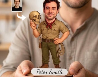 Personalized Archaeologist Figurine from Photo, Custom Wooden Archaeology Caricature Gift