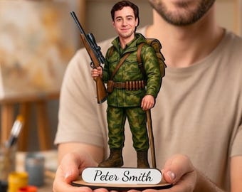 Personalized Hunter Wooden Figurine from Photo | Custom Hunting Caricature Gift
