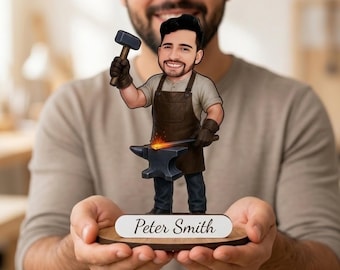 Personalized Blacksmith Figurine from Photo, Custom Wooden Blacksmith Caricature Gift