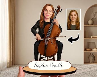 Personalized Cellist Figurine from Photo, Custom Wooden Cello Player Caricature Gift