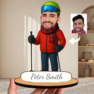 Skier Gift – Personalized Wooden Caricature Figurine for Skier, Handmade Ski Decor for Birthday, Anniversary, Father’s Day