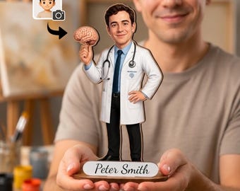 Figura de madera personalizada de neurólogo a partir de una foto, caricatura personalizada de médico especialista en cerebro, regalo de neurología