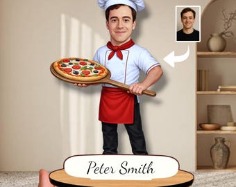 Personalized Pizza Chef Gift: Custom Wooden Caricature Figurine, Pizzeria Desk Decor, Pizza Market Keepsake