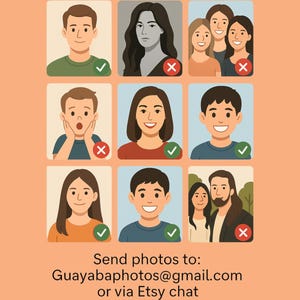 May include: Nine illustrated portraits of people, some with green check marks and red X marks. The image includes the text "Send photos to: Guayabaphotos@gmail.com or via Etsy chat."