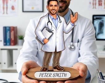 Figura de madera personalizada de un médico a partir de una foto, caricatura de médico a medida, regalo de graduación o jubilación médica.
