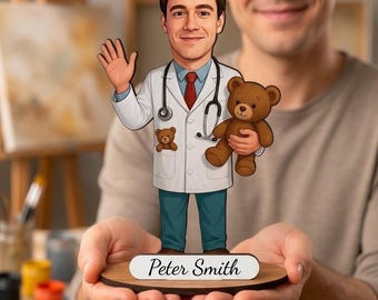 Personalized Pediatrician Wooden Figurine from Photo, Custom Children’s Doctor Caricature Gift