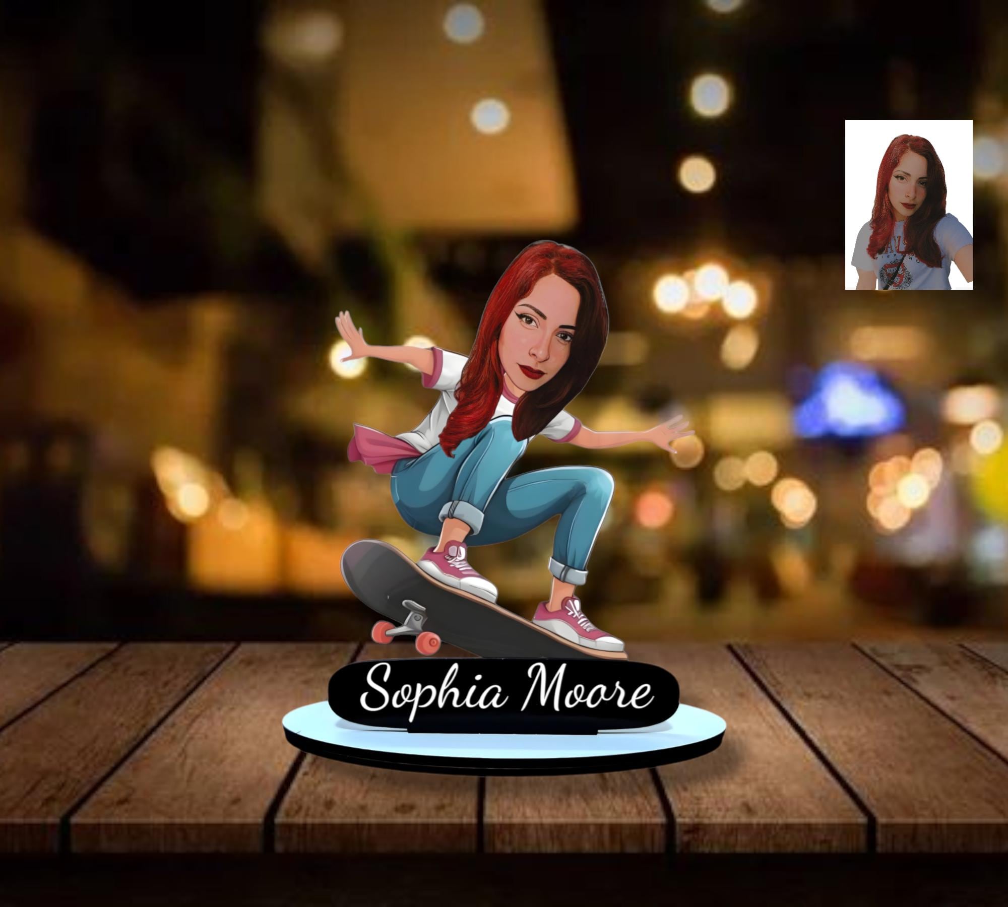 Estatueta de patinadora feminina de madeira personalizada, retrato de patinação de desenho animado personalizado, presente exclusivo para ela, presente personalizado de patinadora feminina.