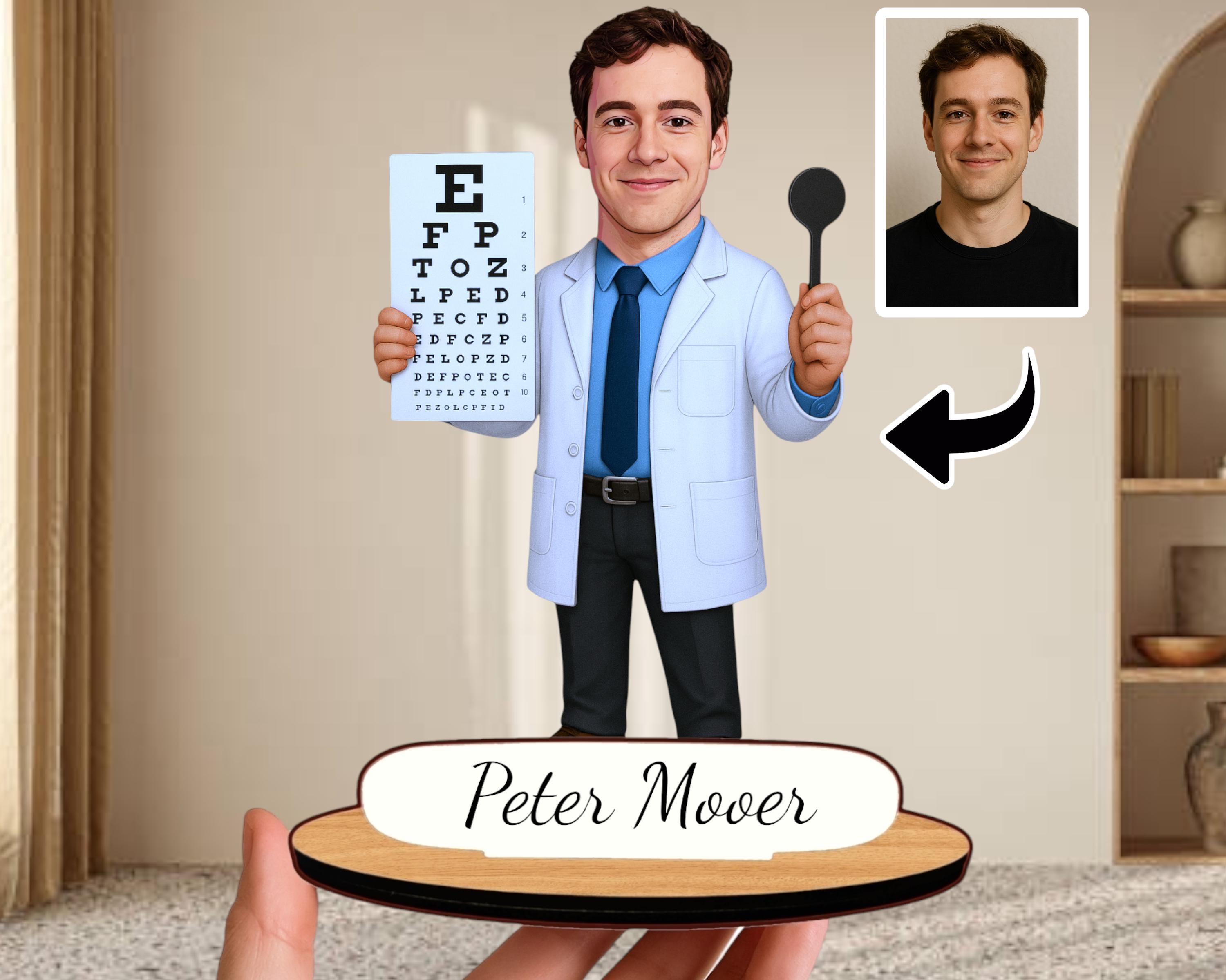Personalized Optometrist Caricature: Custom Wooden Figurine Gift