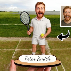 Personalized Wooden Tennis Player Caricature: Custom Portrait Keepsake